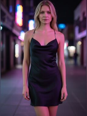 Zara Black Satin Floral Slip Mini Dress with Gold Chain Straps detail